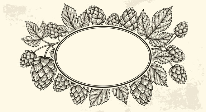 Elegant oval frame border decorated with hand drawn vintage sketches of hop cones and green leaves for craft beer branding and label design.