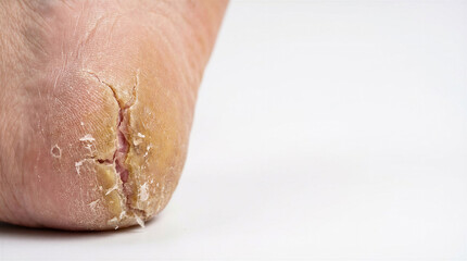 Fototapeta premium Cracked foot skin with dry texture on white background 