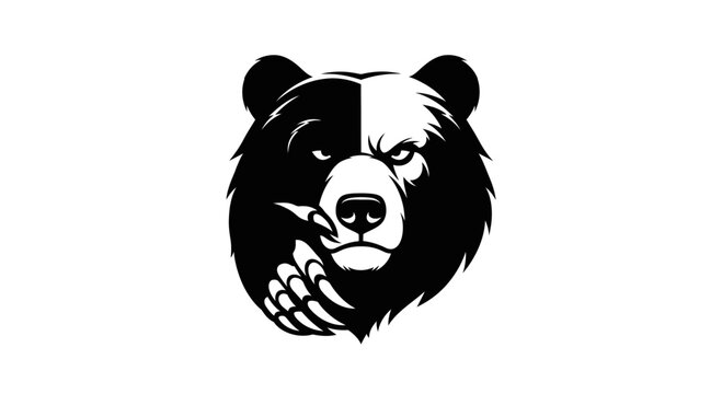 Monochromatic Bear Head with Split Design and Aggressive Expression.