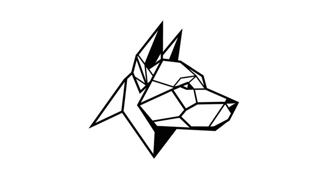 Geometric dog head illustration in black and white.