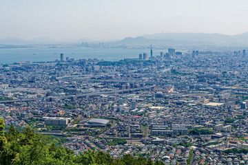 Naklejka premium Panoramic city view of Fukuoka with Hakata Bay in Japan