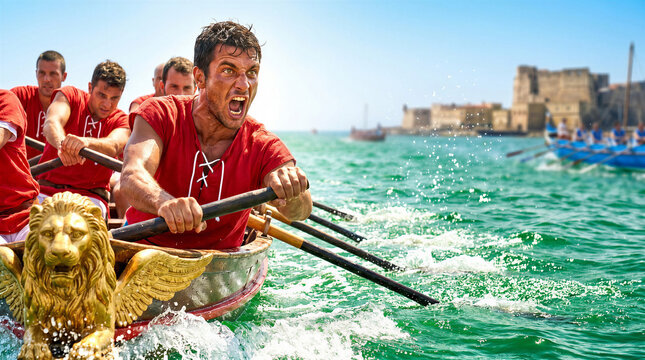 Close up of an emotional rower straining during the ancient maritime regatta in Venice.