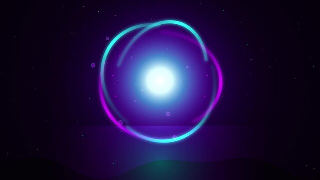 Glowing neon atom orb with rotating blue and purple rings in space.