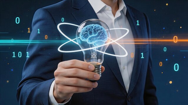 Businessman holding light bulb containing a glowing brain surrounded by binary code, symbolizing artificial intelligence innovation, creative thinking and technological