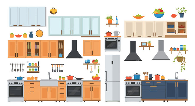Set of various kitchen furniture and appliances including cabinets, stoves, refrigerators, and sinks in different colors and modern styles.