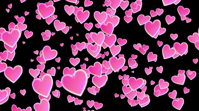 3 Variations of pink gradient heart particle burst and explosion pop and motion graphic loop animation on black background.