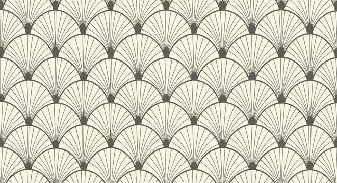 Classic art deco style seamless pattern featuring a repeated scallop or shell design in neutral beige and brown tones for elegant backgrounds.