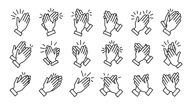 Set of various line art icons depicting different styles and angles of hands clapping or applauding for success and appreciation.
