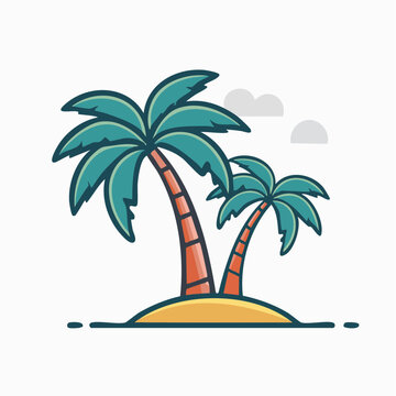 Stylized illustration of two palm trees on a small island with clouds