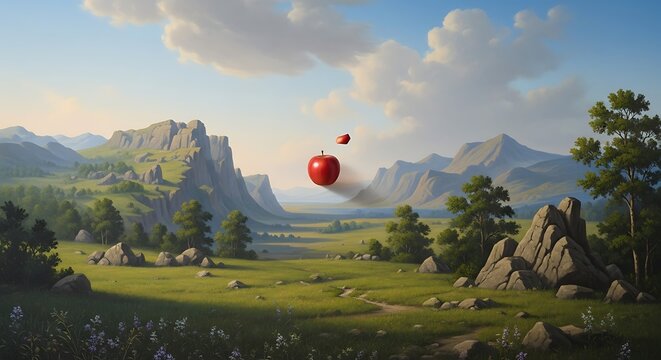 Red apple floating over a scenic mountain valley landscape at sunset