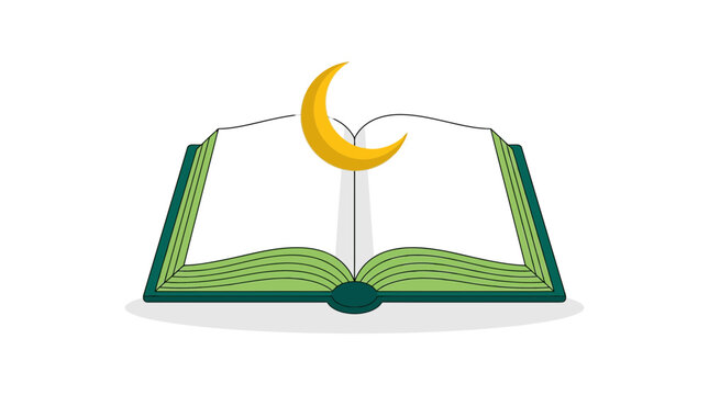 Open holy book with crescent moon symbol religious illustration for ramadan or islamic studies