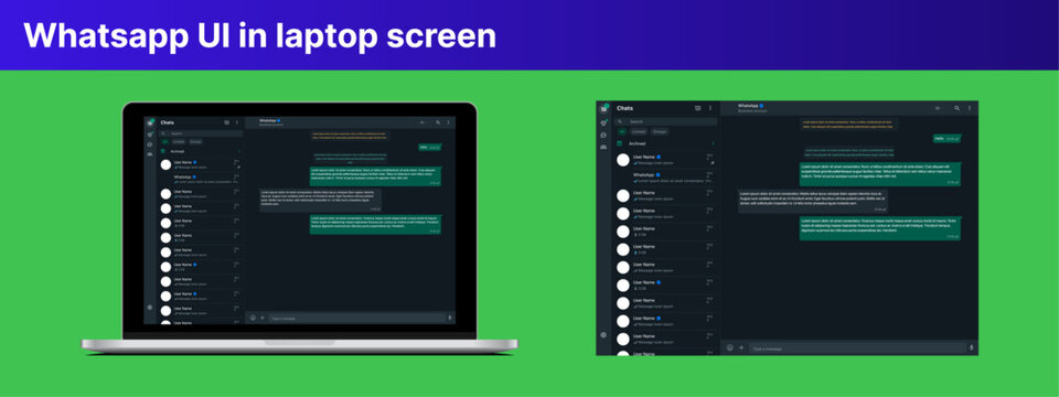 Whatsapp UI in laptop screen. Whatsapp user interface post template. Whatsapp mockup social media template.