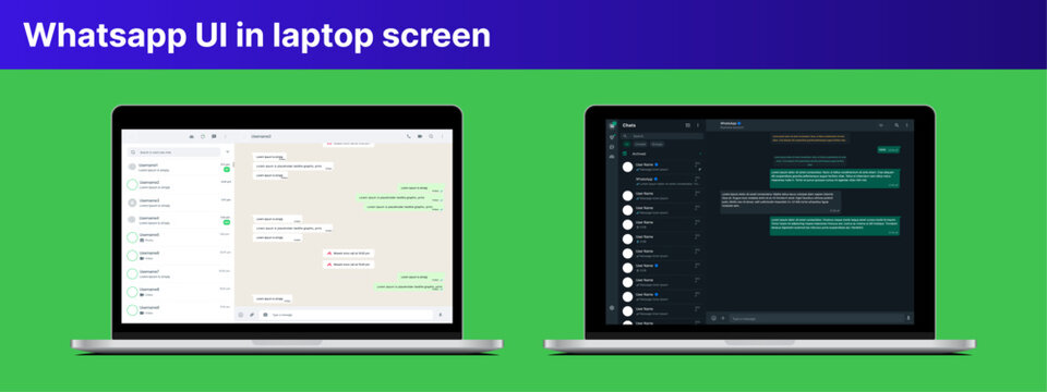 Whatsapp UI in laptop screen. Whatsapp user interface post template. Whatsapp mockup social media template.	