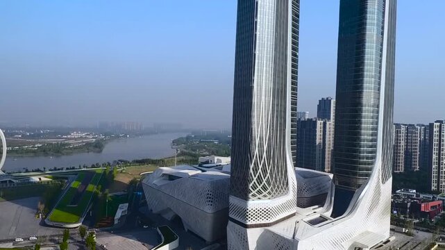 Nanjing International Youth Cultural Centre Twin Towers by Yangtze River in Nanjing International Youth Cultural Centre, Nanjing, China