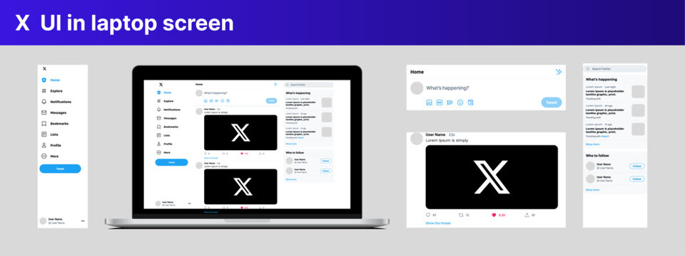 Twitter X UI in laptop screen. Twitter X user interface post template. Twitter X mockup social media template.	