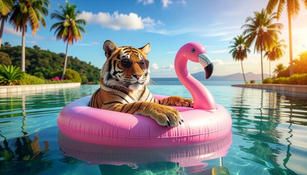 Bengal Tiger Relaxing on Pink Flamingo Pool Float in Luxury Resort, Wearing Sunglasses, Surreal Humor Concept