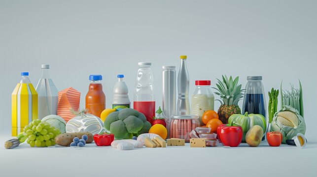 Grocery items shrinking in size, inflation visualization, clean background.