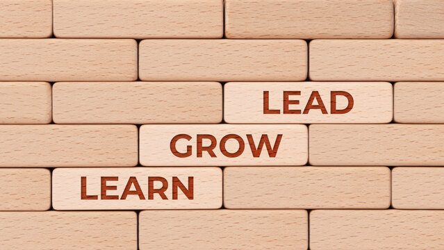 Leadership growth and learning path on wooden block steps