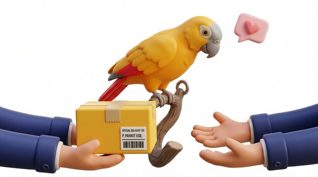 Ilustrasi Pengiriman 3D dengan Burung Beo dan Paket Delivery
