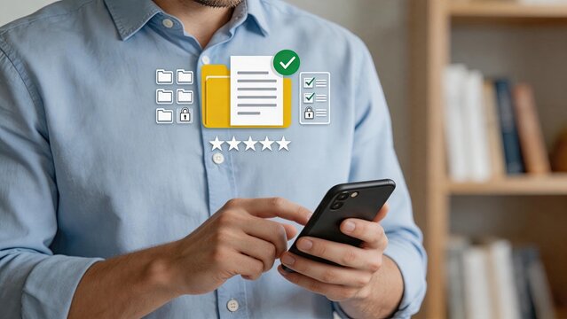 Man using smartphone with digital document icons, cloud storage and security concept, file management app interface on screen, online data protection, five star rating feedback
