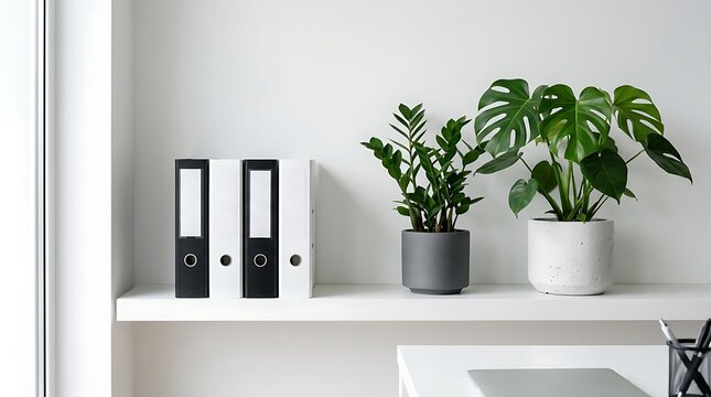 Office ring binders and lush green plants sit on a white shelf in a clean, bright minimalist workspace. Ideal for corporate document management and professional interior design marketing.