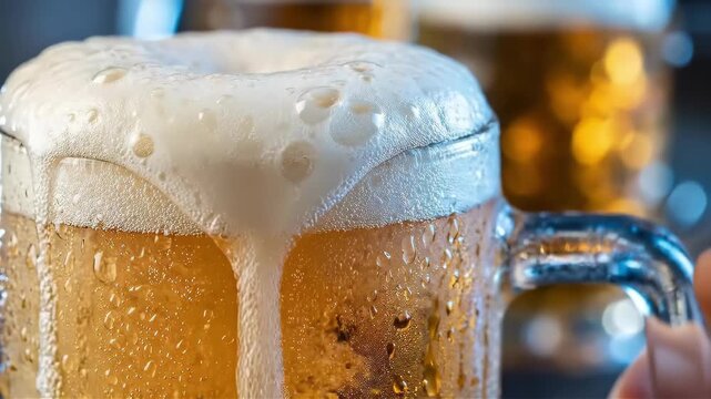 Beer overflow in glass mug with foam spilling over the edge. Cold lager drink with condensation droplets for celebration and refreshment in a brewery close up.