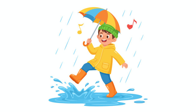 Colorful cartoon kid, playing in rain puddle, umbrella vector