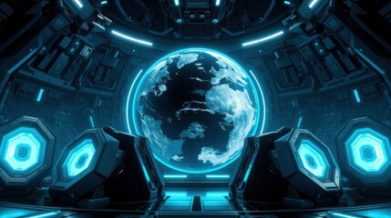 Fototapeta premium Futuristic spaceship interior. Earth visible through circular window. Blue lighting dominates complex paneling, creating dramatic effect.