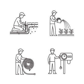 Line art icons depicting various gardening and irrigation tasks, including installing a drip system, watering plants, coiling a hose, and setting an irrigation timer.