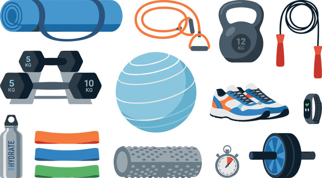 Fitness and Home Gym Workout Equipment Vector Set Featuring Yoga Mat, Dumbbells, Kettlebell, Fitness Ball, Jump Rope, Resistance Bands, and Sneakers
