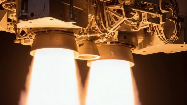 Rocket engines igniting with flames during lift-off in dark space  