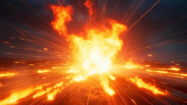 Intense fiery explosion erupting with intense heat and bright light, creating a powerful blast and rapid expansion