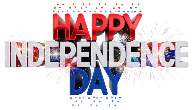 Happy independence day text graphic with fireworks isolated on transparent background