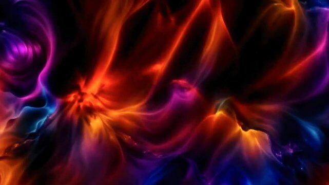 Fiery abstract cosmic cloud motion background featuring deep purple and hot orange color tones. Vibrant fluid plasma or nebula smoke loop, suitable for epic music, energy, and gaming intro