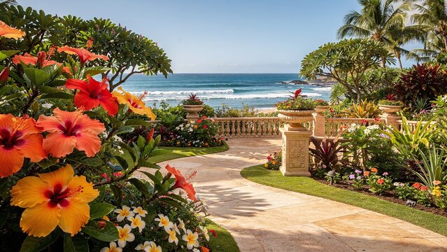 Tropical garden, ocean view, hibiscus flowers, stone pathway, balustrade, lush foliage leading to a serene coastal landscape under a clear blue sky.