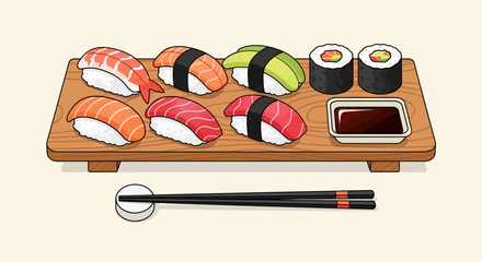 Variety of sushi on wooden board. © Nabila