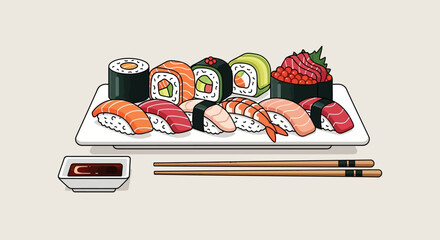 Variety of sushi on plate. © Nabila