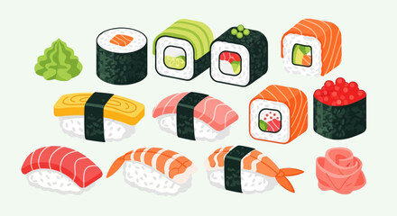 Variety of sushi and maki rolls. © Nabila