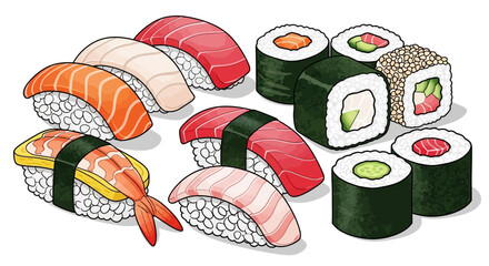 Variety of sushi and maki rolls. © Nabila