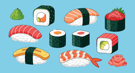 Variety of sushi and sashimi pieces. © Nabila