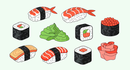Variety of sushi and maki rolls. © Nabila