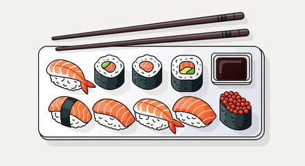Variety of sushi on plate. © Nabila