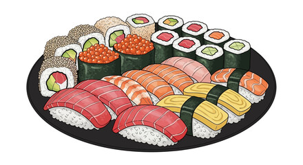 Variety of sushi on a plate. © Nabila