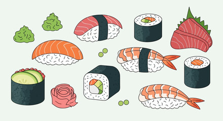 Variety of sushi and maki rolls. © Nabila
