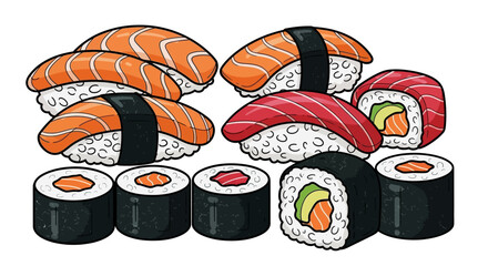 Variety of sushi rolls and pieces. © Nabila