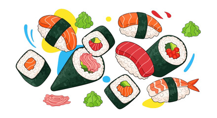 Variety of sushi rolls and pieces. © Nabila