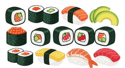 Variety of sushi and sashimi pieces. © Nabila