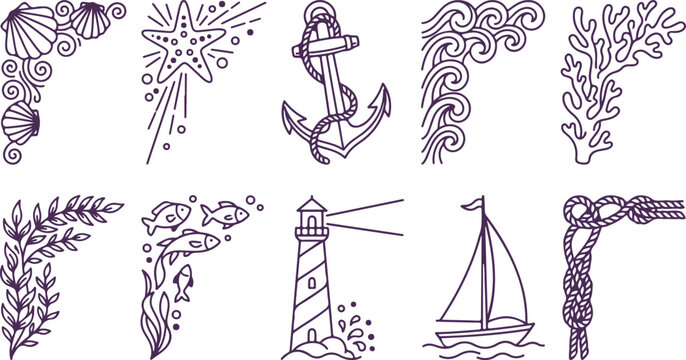 Nautical decorative corners and borders with anchor, sailboat, lighthouse, rope, shell.