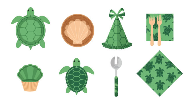 Set of Turtle, Shell, Green Ribbon, Fork and napkin with Turtle pattern
