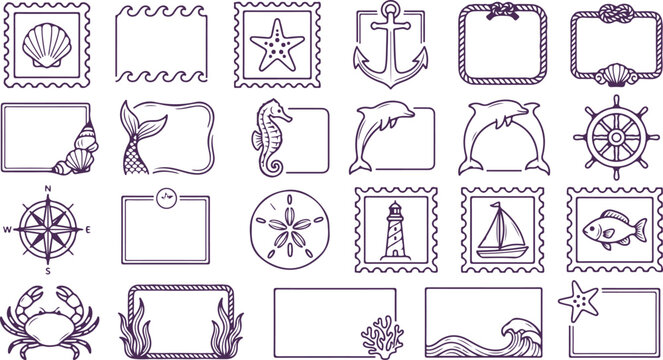 Nautical frames and borders with marine elements like shells, fish, and anchors.
